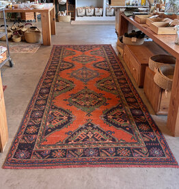 VINTAGE RUGS Vintage Geometric Terracotta & Mallard Green Wide Runner Rug - 4.5 x 11.4